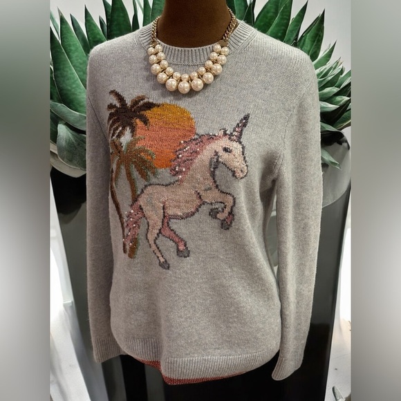 Coach Uni Intarsia Gray Wool & Cashmere Blend Crew Neck Sweater with Unicorn EUC - Picture 3 of 11